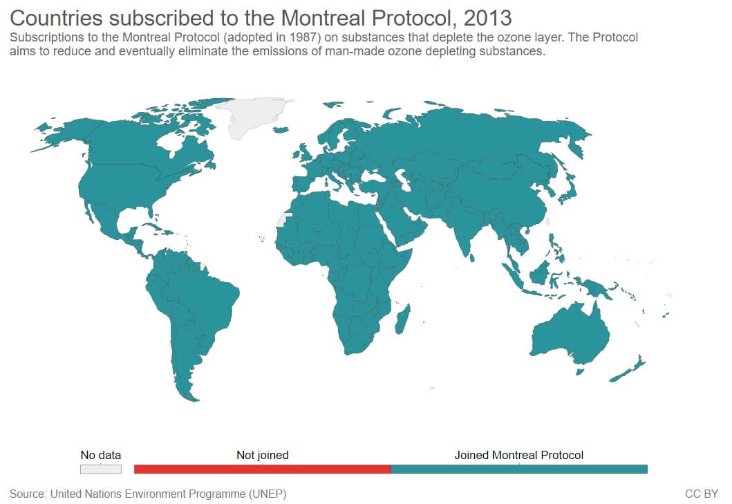 Map of the world showing all countries subscribed to the Montreal Protocol in year 2013